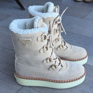Prada Women's Cream Shearling Lace-Up Boots